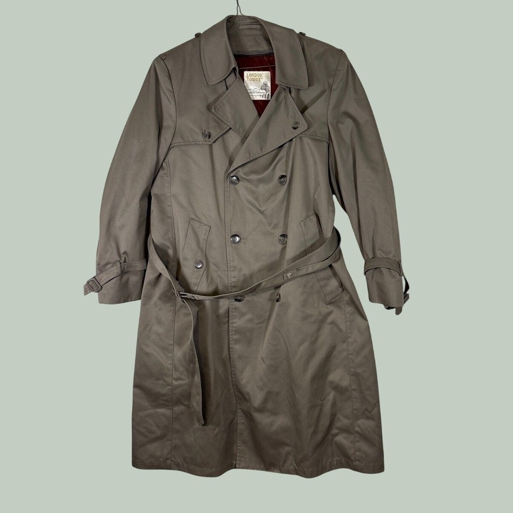 London Towne Vintage Double-Breasted Olive Trench Coat Size 38 Reg